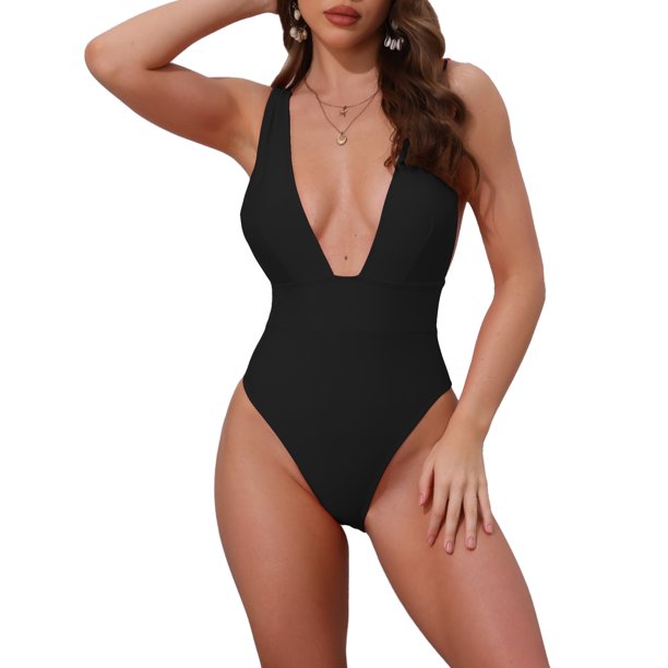 INSPIRE CHIC Monokini sin espalda con escote profundo en V para mujer, traje de baño de una pieza con control de abdomen y tirantes anchos, con copas acolchadas push up, talla X-Small, color negro
