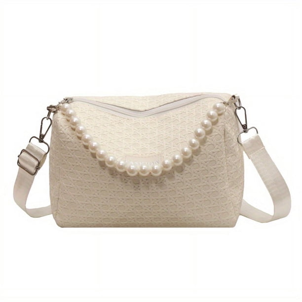 Fashion Embossed Handbag With Faux Pearl Handle, Small Solid Color Crossbody Bag, Faux Leather Shoulder Purse For Women