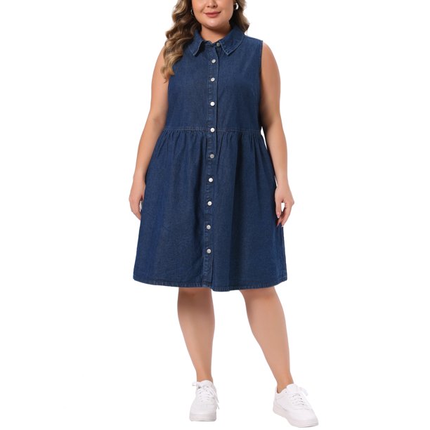 Vestido de mezclilla sin mangas con solapa y botones para mujer de talla grande de Agnes Orinda, vestido babydoll de verano lindo, midi, talla 4X, azul oscuro