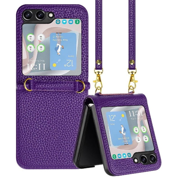 Funda Cartera para Samsung Galaxy Z Flip 6 Tarjetero Soporte Magnético y Correa Morado