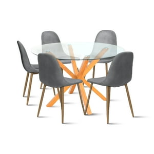 Klik Muebles - Comedor Redondo De Vidrio Cross 120Cm + 5 Silla Spoon Velvet - Gris