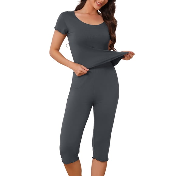 INSPIRE CHIC Conjunto de Pijama Capri para Mujer con Ribete de Volante, Manga Corta, Cuello en U, Pantalones Recortados, Ropa de Descanso de Verano Refrescante, Talla L, Gris
