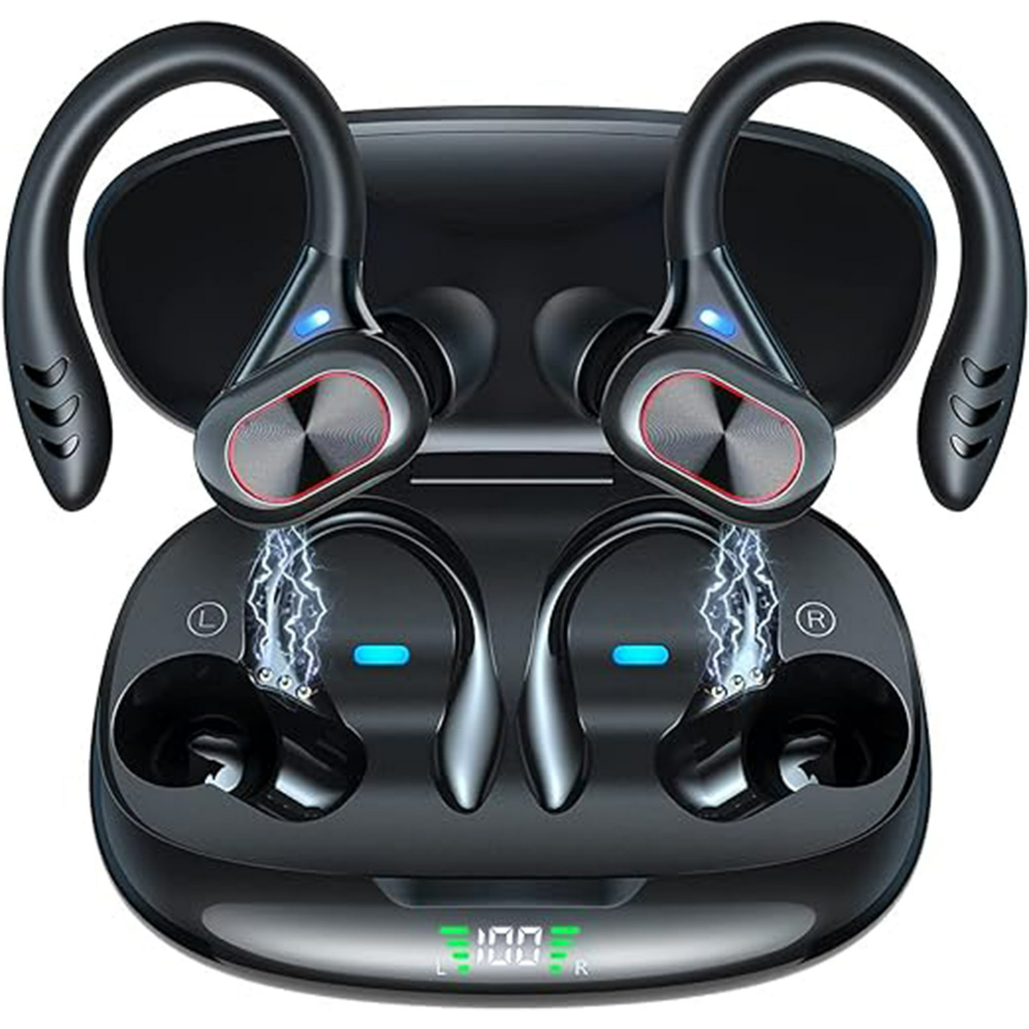 Veat00l - Audífonos Deportivos Inalámbricos, Ip65 Auriculares Bluetooth Inalámbricos Con Cancelación De Ruido Y Micrófono, Pantalla Led, 48 H De Reproducción Prolongada, Negro