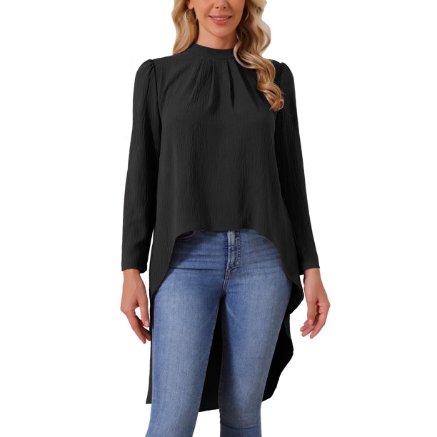 INSPIRE CHIC Blusa de Mujer con Dobladillo Alto Bajo, Manga Larga, Abertura en la Espalda, Cuello Redondo, Dobladillo Asimétrico, Blusa Casual Elegante S Negro