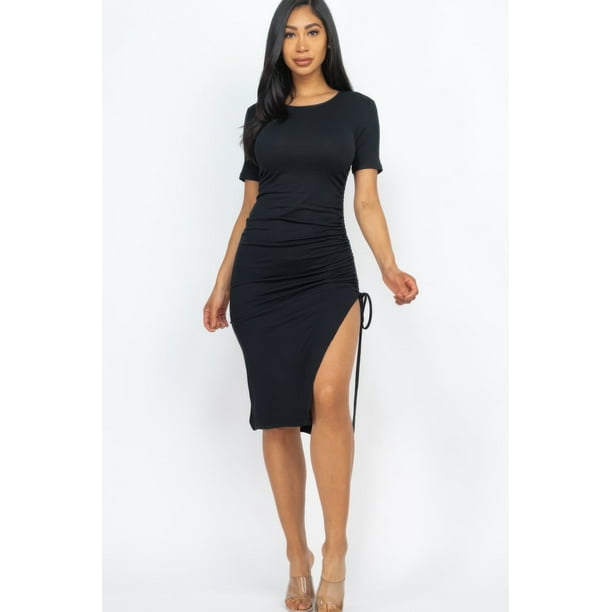Vestido Midi Con Dobladillo Dividido Y Fruncido Lateral Con Cordón