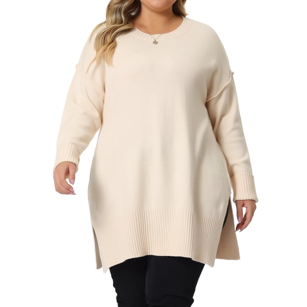 GRACIA Y GRANDEZA Suéter de Punto de Talla Grande para Mujer con Mangas Largas y Cuello Redondo con Aberturas Laterales 1X Albaricoque