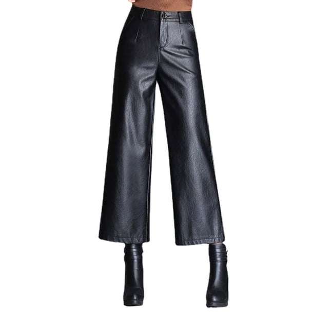 Pantalones de cuero para mujer, cintura alta, corte ancho, holgados, de PU, estilo coreano, talla grande, para otoño e invierno
