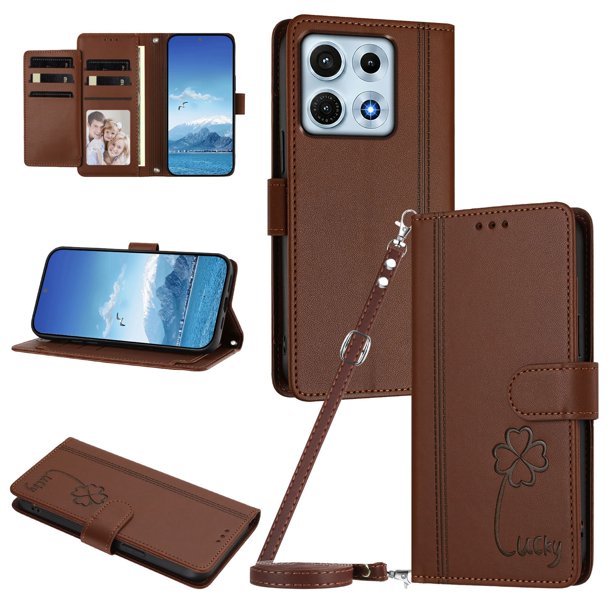 Funda Cartera Trébol para PT33-MOTO Edge 70 Max 5G con Ranuras Tarjetas y Carga Inalámbrica Marrón