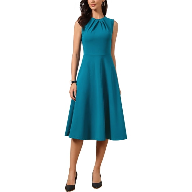 Vestido Midi INSPIRE CHIC para Mujeres Sin Mangas Verano Trabajo Elegante Fiesta Cóctel Línea A Vestidos M Azul Pavo Real