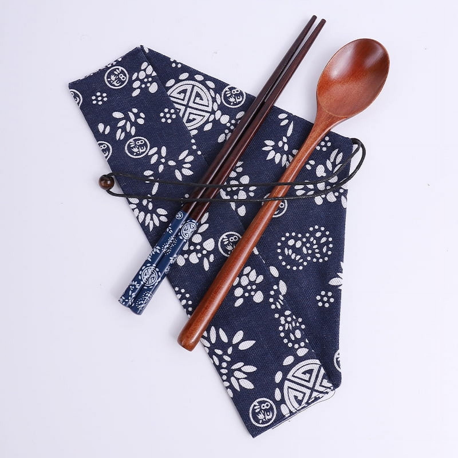Xmhytop Juego De 2 Cenas De Madera Tableware De Madera Natural, Incluye Bolsa De Almacenamiento,azul Blanco