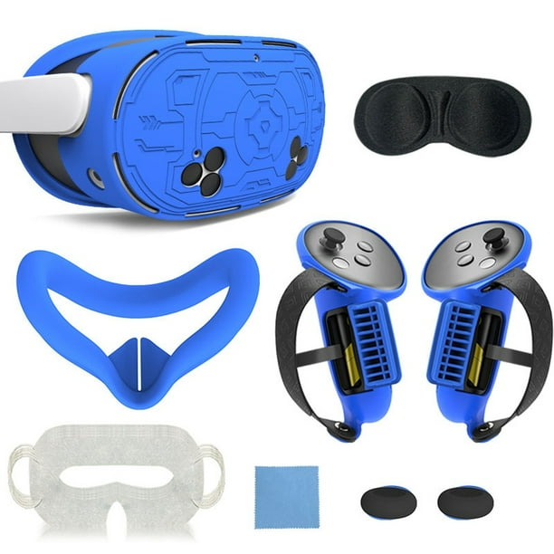 Kit de accesorios 7 en 1 para el casco de realidad virtual Meta Quest 3: empuñaduras para el mando, correa de mano, funda facial de silicona y juego de protectores de lente.-Azul