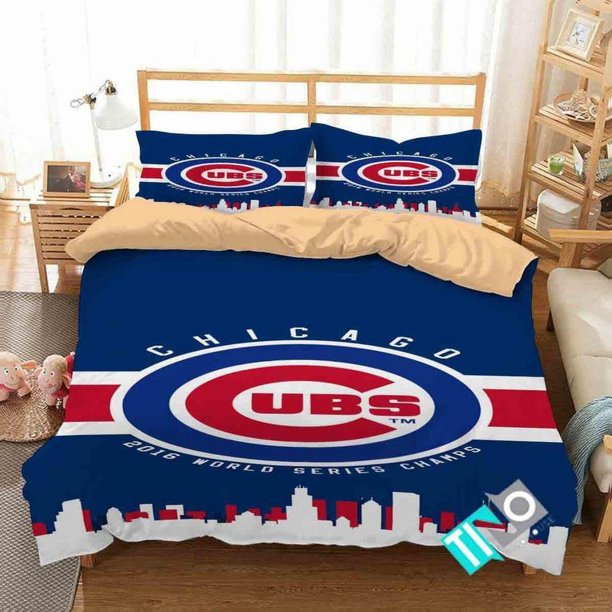 MLB Chicago Cubs Logo Personalized Quilt Duvet Cover Set Queen 3-Piece Bedding Set