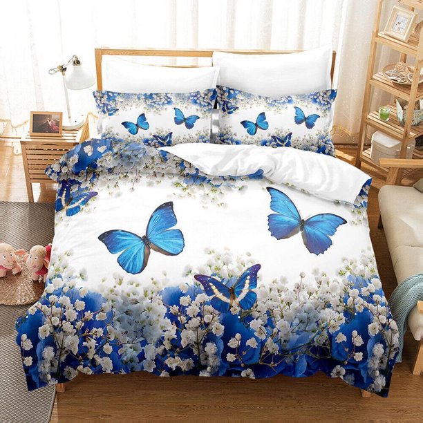 Blue Oil Painting Butterfly White Quilt Duvet Cover Set Bedclothes3-Piece Bedding Set