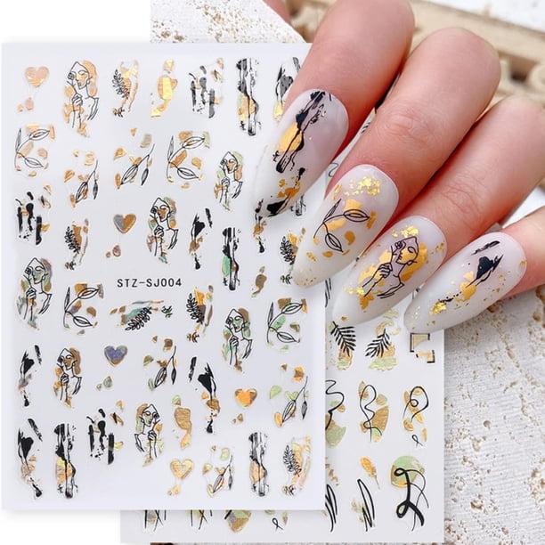9 Sheets,Golden Nail Art Stickers Decals,3D Self Adhesive Pegatinas Para Uñas Black Nine Line Abstract Face Eye Flowers Palm Tree Leaf Design Manicure Tips Nail Decoration For Women Girls