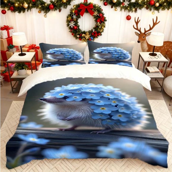 Hedgehog Print Duvet Cover Set Themed Print Bedding Set 1 Duvet Cover + 2 Pillowcases 100% Polyester Wear-Resistant and Wrinkle-Resistant Skin-Friendly Breathab