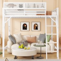 M&Ms - Queen Size Loft Bed With Ladder, Metal Queen Loft Bed With Storage Shelves, High Loft Bed For Kids Teens, White(Expect Arrival Date 2025/12/3 Old Sku W2580P351278)