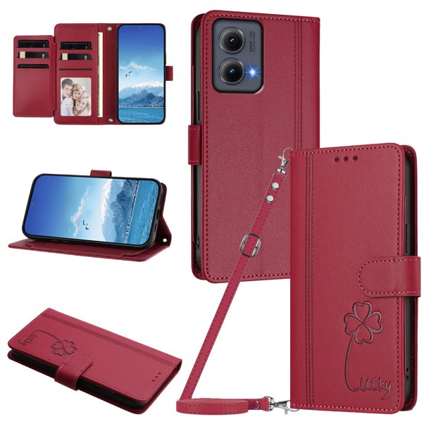 Funda Cartera Trébol para Motorola Edge 2024 5G con Ranuras Tarjetas y Carga Inalámbrica Rojo
