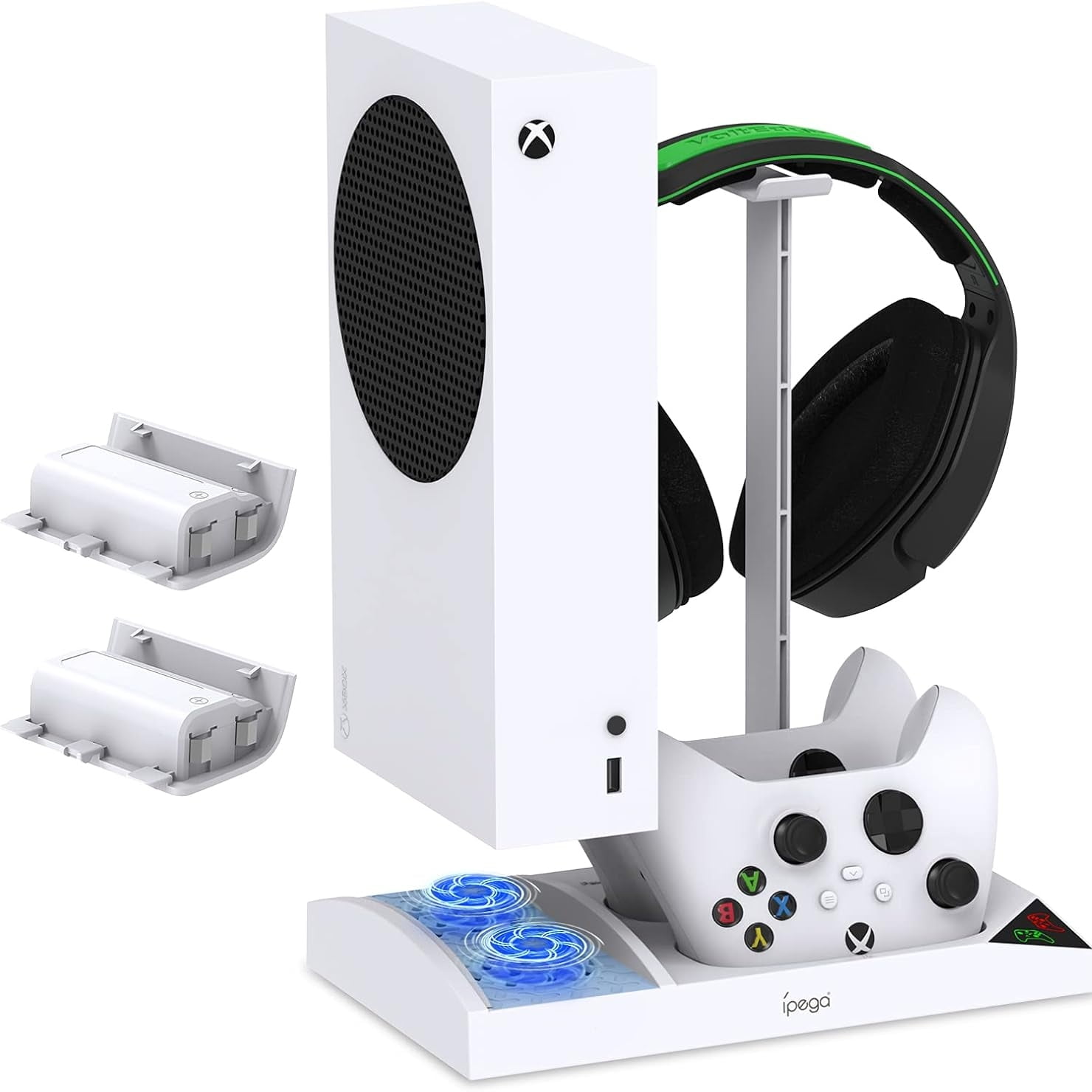 Genérico - Soporte De Ventilador Vertical Para Xbox Series S, Sistema De Ventilador Con Estación De Carga De Mando, 2 Baterías Recargables De 1400mah Y Soporte Para Auriculares-blanco