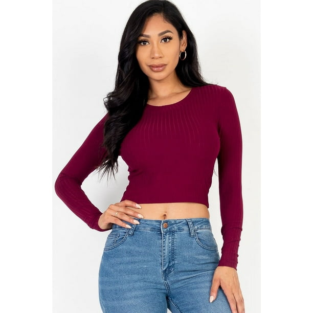 Saronite Top Corto Básico de Punto Acanalado con Cuello Redondo y Manga Larga, Burdeos (para Mujer)