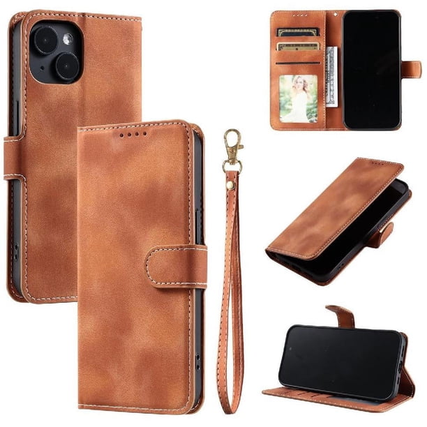 Funda Cartera para iPhone 15 Tapa con Ranuras, Soporte y Correa Marrón