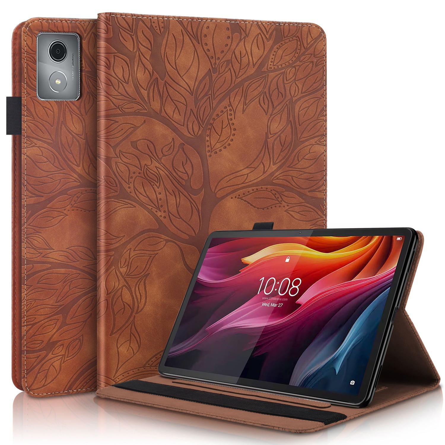 Foxdock - Funda Con Relieve Del Árbol De La Vida Para Tablet Lenovo Tab M11/k11 Plus Con Soporte, Ranuras Para Tarjetas Y Soporte Para Lápiz Óptico. Marrón
