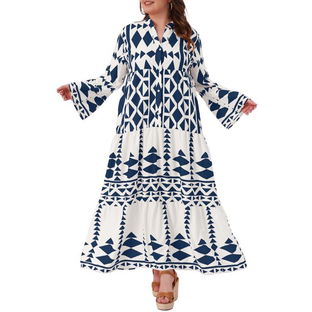 Vestidos de Halloween para Mujeres de Talla Grande de Agnes Orinda Vestido Bohemio Patrón Geométrico Flowy Botón Manga Larga Acampanada con Volantes Casual de Otoño Línea A Maxi 1X Azul Marino