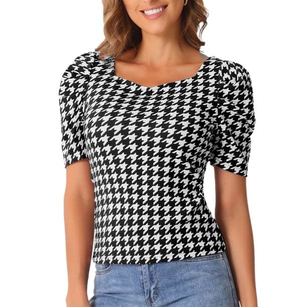 INSPIRA CHIC Blusa de trabajo Houndstooth para mujer de manga corta con cuello cuadrado Blusas casuales