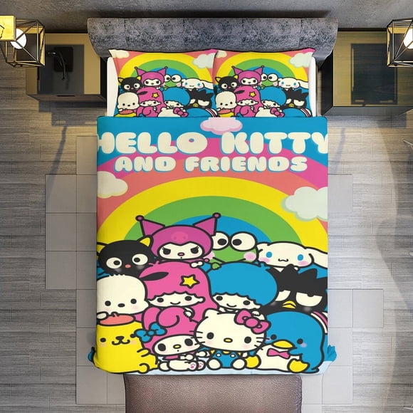 Hello Kitty and Friends Neon Comforter Twin SizeComforter Set for Kids Girls3Pcs Bedding Set Printed Comforter with 2 PillowcasesDown AlternativeSoft and Lightweight Bed Sheets