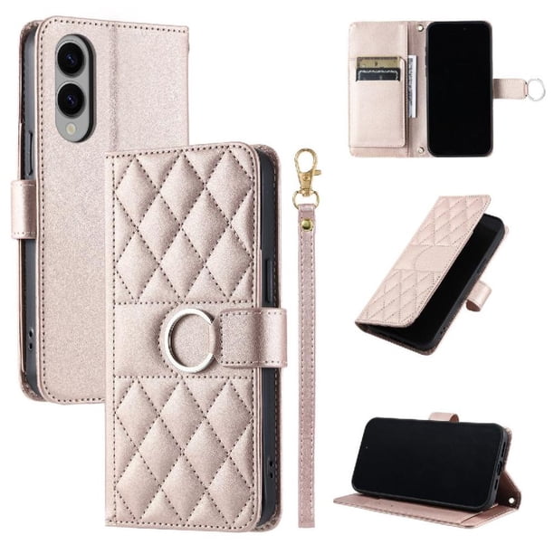 Funda Acolchada con Anilla y Correa para Samsung Galaxy S25 Edge Slots para Tarjetas Oro rosa