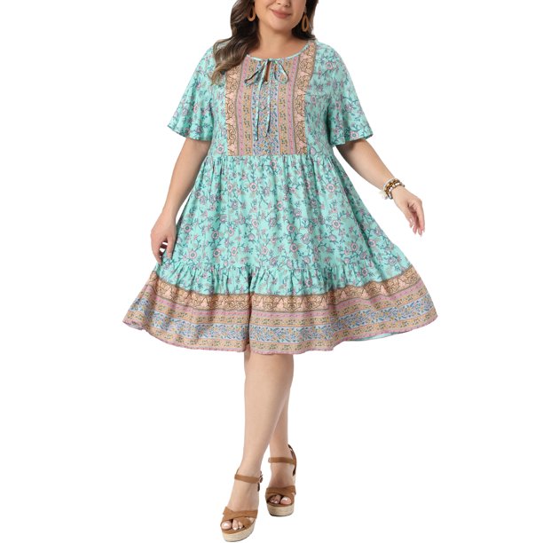 Agnes Orinda Vestido Boho Floral para Mujer Talla Grande, Estilo Escolar Universitario, Cuello Redondo con Lazo, Manga Corta, Verano, Playa, Casual, Midi, 3X Verde