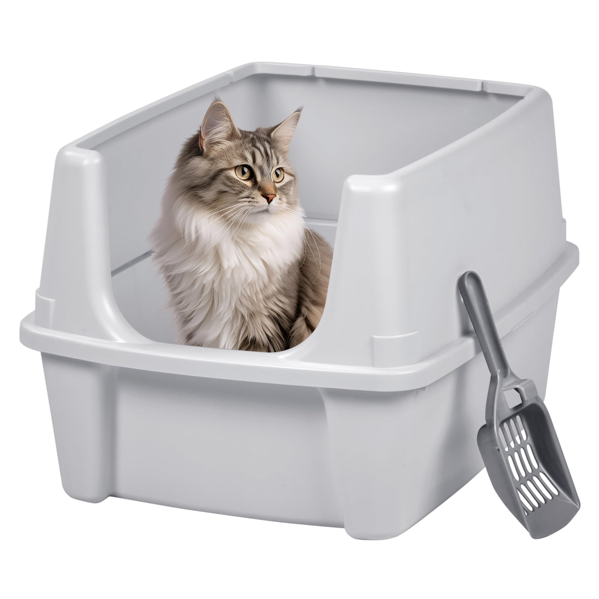 Caja De Arena Para Gatos Iris Usa, Grande, Con La Parte Superior Abierta, Cara Alta, Plateada
