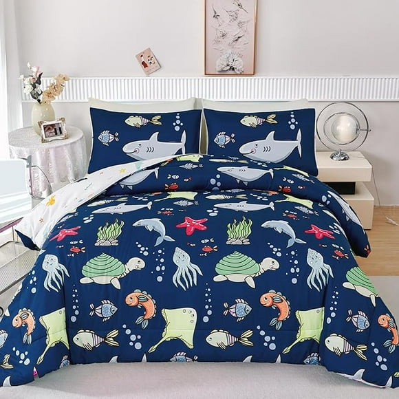 Juego De Ropa De Cama Infantil Rynghipy Reversible Estampado De Animales Del Océano 3 Piezas Twin