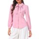 thumbnail image 4 of INSPIRE CHIC Blusa de Mujer para Regreso a Clases con Botones, Cuello Peter Pan, Lazo en el Cuello, Blusa de Color Sólido L Rosa Empolvado, 4 of 5