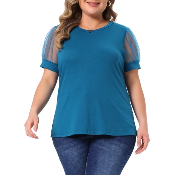 Agnes Orinda Camiseta de Mujer Talla Grande Manga Corta de Malla Cuello Redondo Blusa Casual Sólida 2025 4X Azul