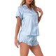 thumbnail image 4 of INSPIRE CHIC Conjunto de Pijama de Satén para Mujer con Ribete en Contraste Camisa de Botones con Solapa Suave y Pantalones Cortos con Volantes Ropa de Dormir Grande a Rayas Azules, 4 of 6