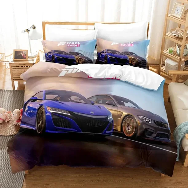 v2830 Bed Sheets Forza Sports Car Duvet Cover Set for Boys Bedroom Single Double Queen King Size Quilt Cover Pillowcase Bedding Set 3-Piece Bedding Set (1 Duvet Cover + 2 Pillow Shams) Bed Sheets ju2