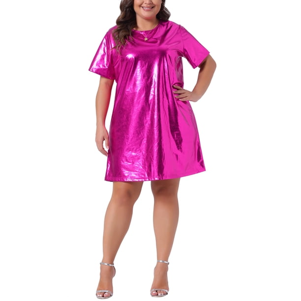 Agnes Orinda Vestido Formal de Talla Grande para Mujer Cuello Redondo Metálico Manga Corta Fiesta Clubwear Vestido Suelto Mini Camiseta 2X Rosa Fucsia