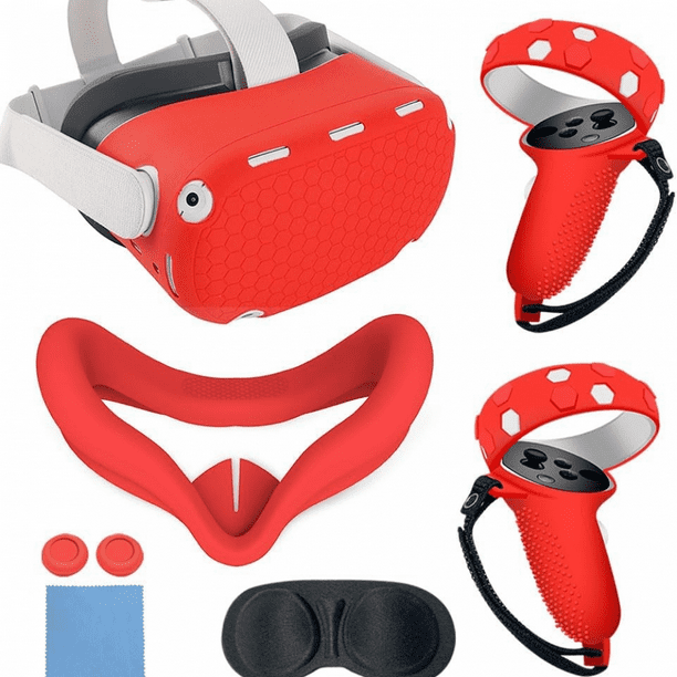 Juego de accesorios de VR para Quest 2: carcasa de silicona, empuñaduras para el mando, protector facial, tapones para los botones, juego de paños para las gafas y protector de lentes-Rojo