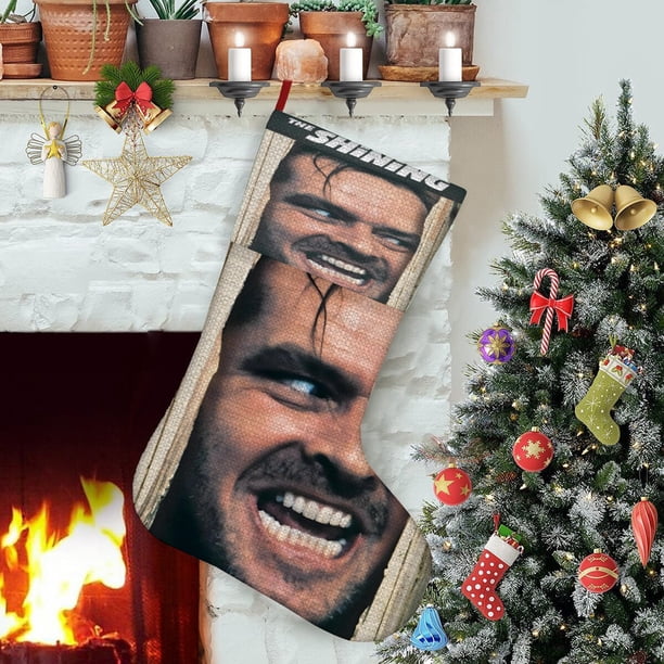 El Resplandor Tema: Calcetines de Navidad, fino lino blanco para colgar en escaleras y chimenea, decoración navideña para el hogar, regalo de Navidad.54cm×38cm
