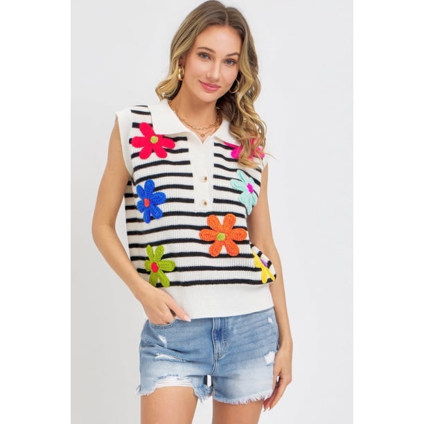Camisa De Punto Acanalado Sin Mangas Con Estampado De Flores De Saronita Parche A Rayas Botones Al Frente Color Marfil negro (para Mujer)