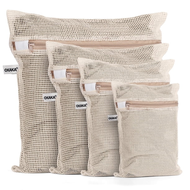 Juego de 4 bolsas de lavandería OKAKA, 100% malla de algodón, color natural