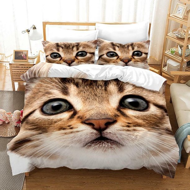 Cute Cat Kitty Animal Print Quilt Duvet Cover Set Bedroom Decor Soft3-Piece Bedding Set