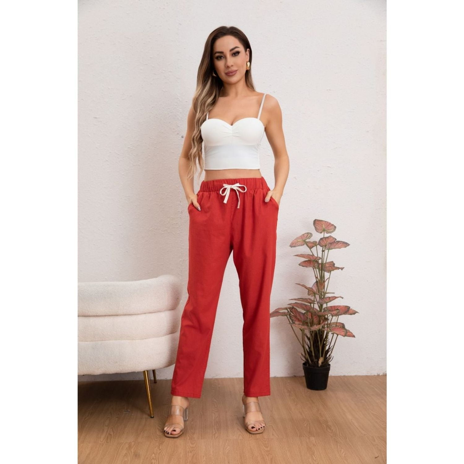 Likeshop - Pantalón Mujer Semi Pitillo Algodón Tipo Lino Tiro Alto 7004