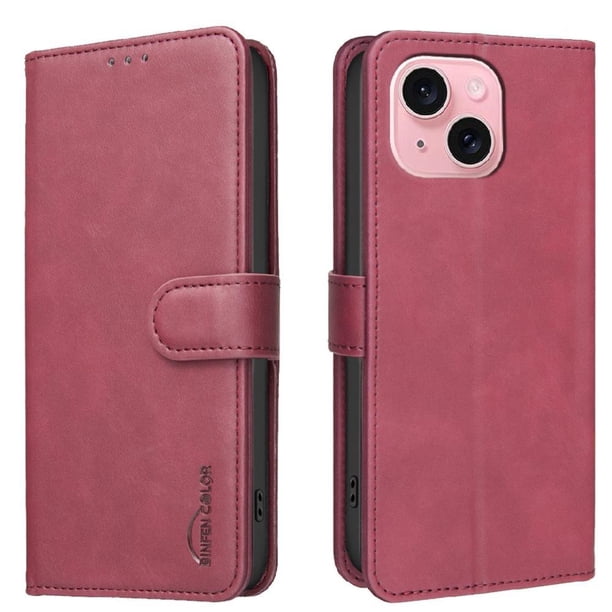 Funda Billetera para iPhone 15 Plus Protección RFID y Soporte Ajustable Rojo