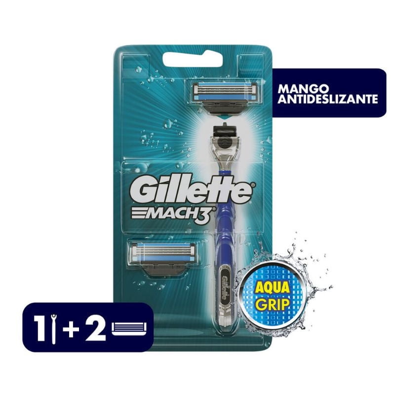 Pack Máquina De Afeitar Recargable + 2 Repuestos Mach3 Aquagrip Con Mango Antideslizante 1 Un Gillette