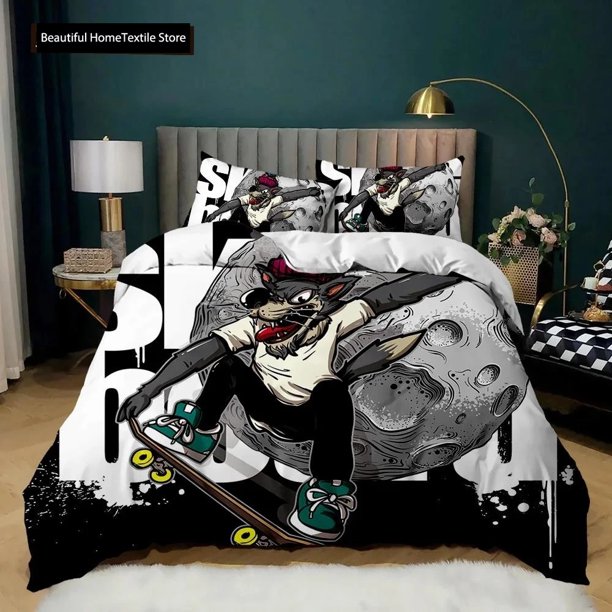 Cartoon Skateboard Duvet Cover Set Cartoon Wolf Kids Hip Hop Skateboard Sport Queen King Cute Wild Animal Polyester Quilt CoverBed Sheets