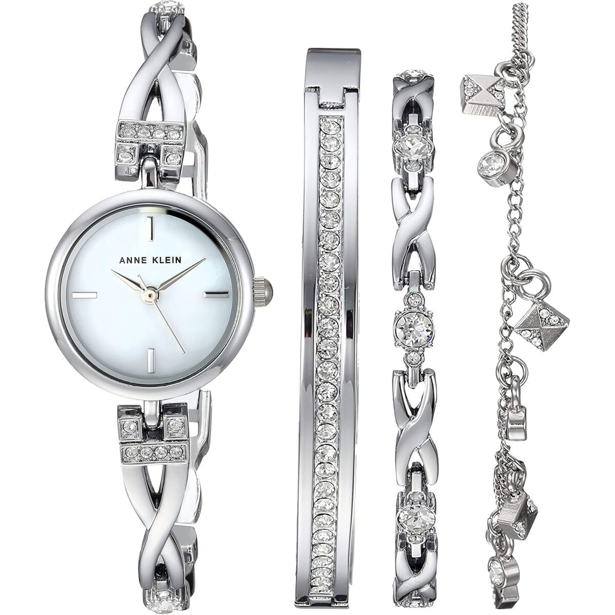 Reloj Anne Klein Mujer Silvertone Cristales 22mm Set Pulseras
