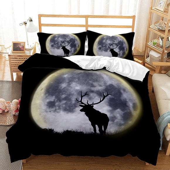 Full Moon Night Elk Black Quilt Duvet Cover Set Super Double3-Piece Bedding Set