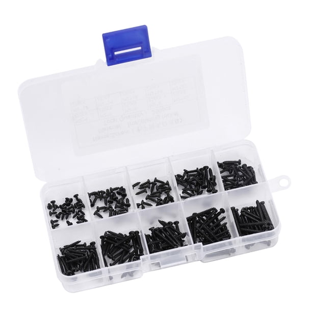 250x M2 Tornillo autorroscante Mini tornillos electrónicos Kit surtido DIY Negro Cabeza plana redonda Cabeza avellanada Juego de tornillos para madera