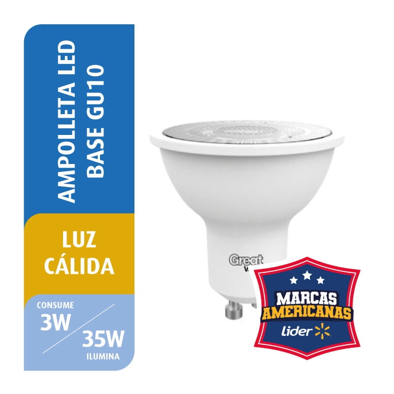 Great Value - Ampolleta Led 3W Luz Cálida Base Gu10